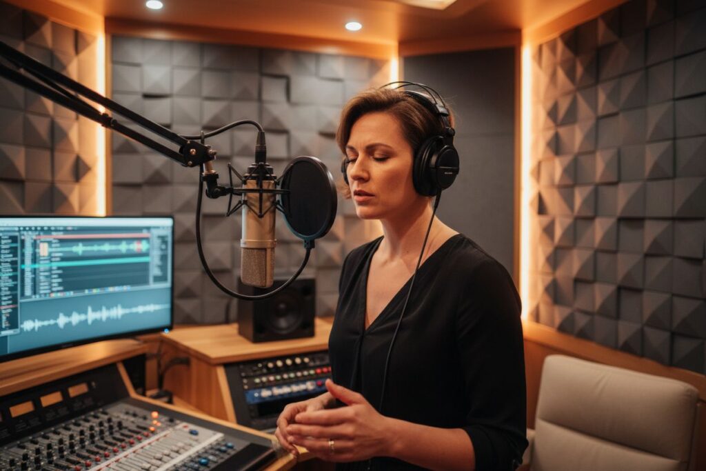 A British voice actors is recording professional script.