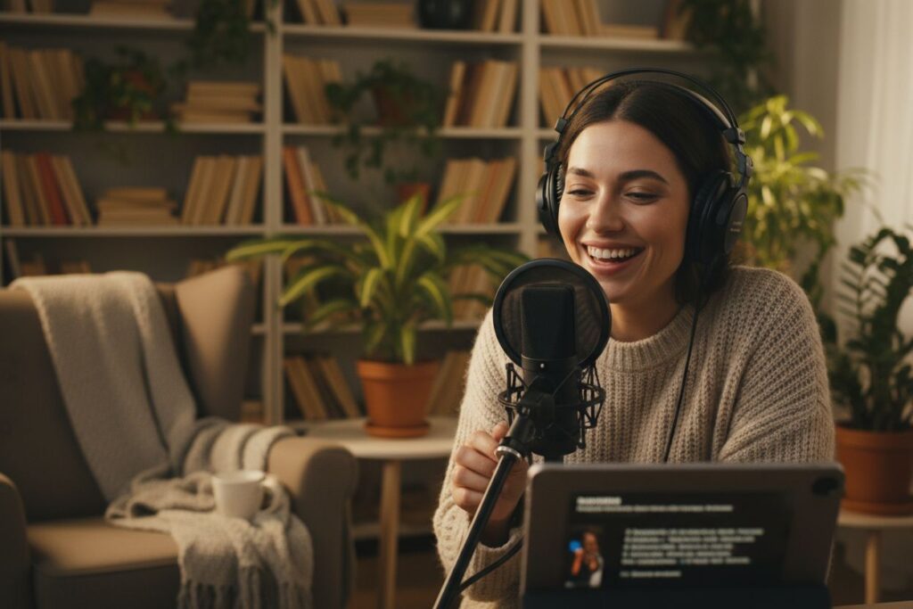A woman is recording a professional dubbing session in a studio.