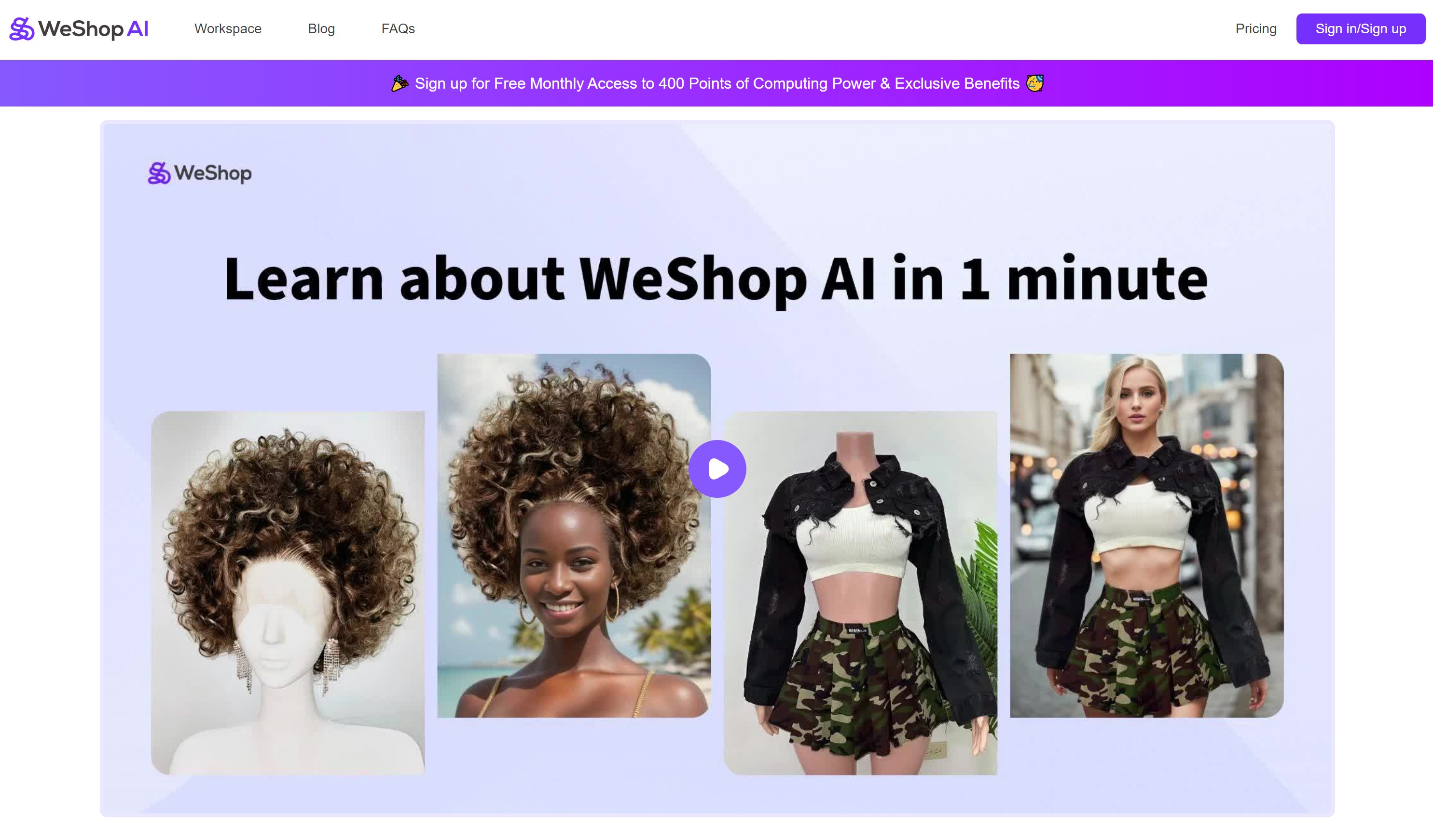 home page for WeShop AI