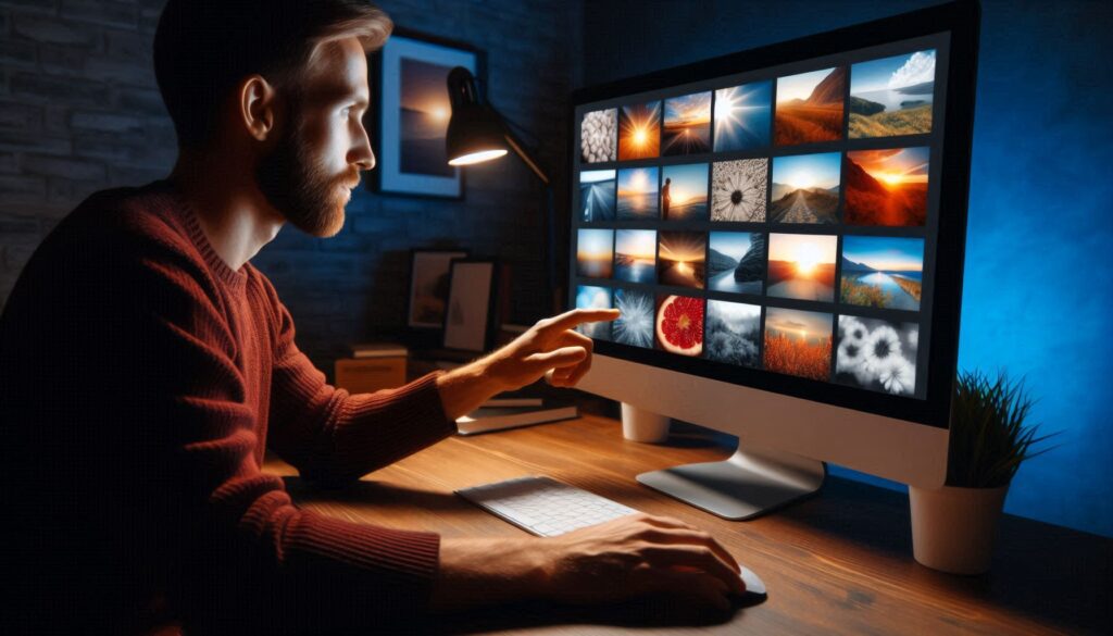 A person sitting in front of a computer selecting various high-quality images from the computer.