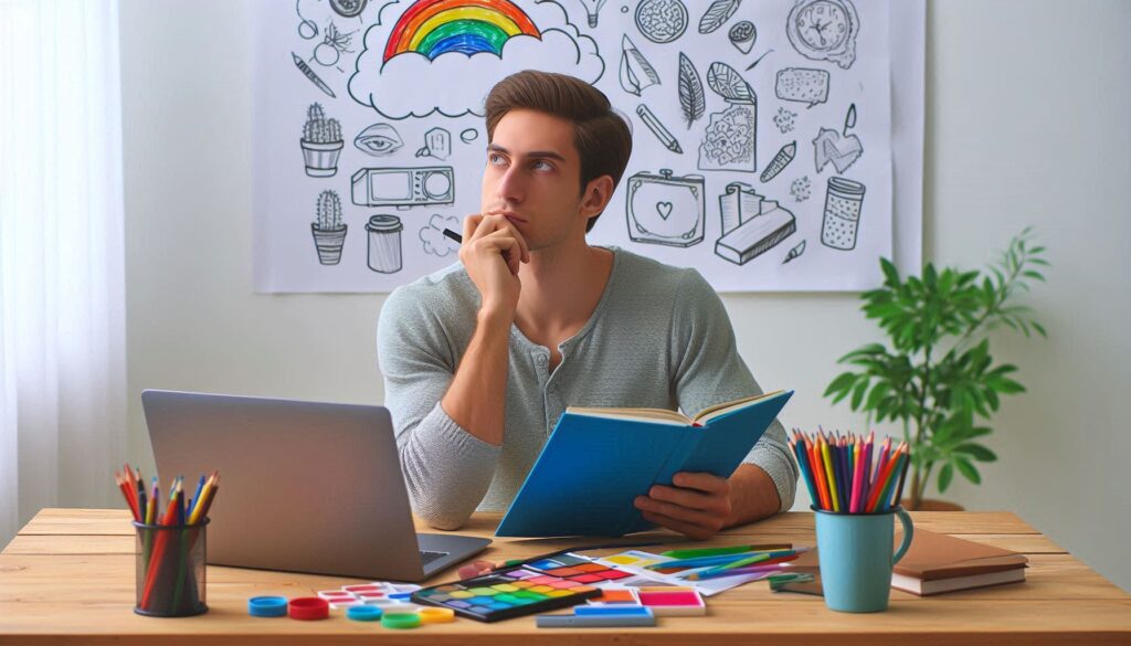 A person is sitting at the table thinking about the coloring book plan