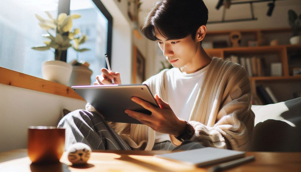 A coloring enthusiast coloring on an iPad.