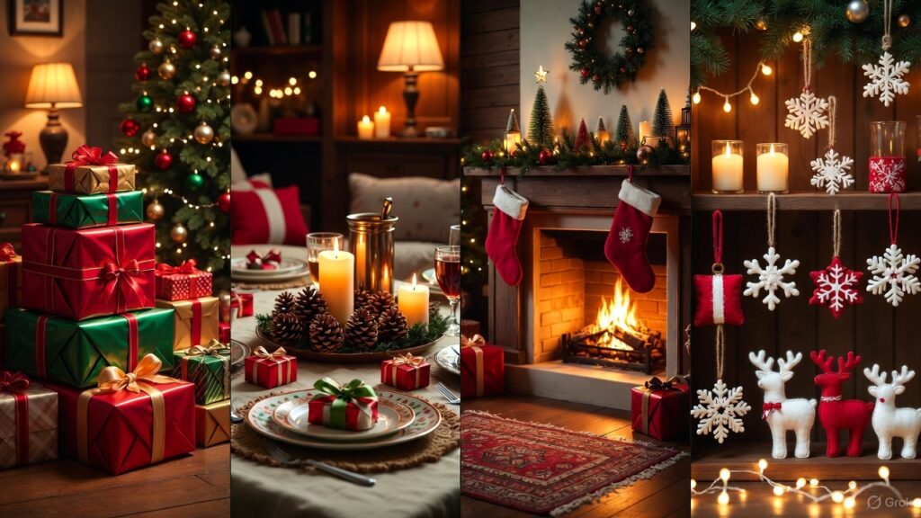 Stack of beautifully wrapped Christmas gifts in red, gold, and green under a glowing Christmas tree with warm bokeh lights – perfect inspiration for meaningful Christmas gift ideas.