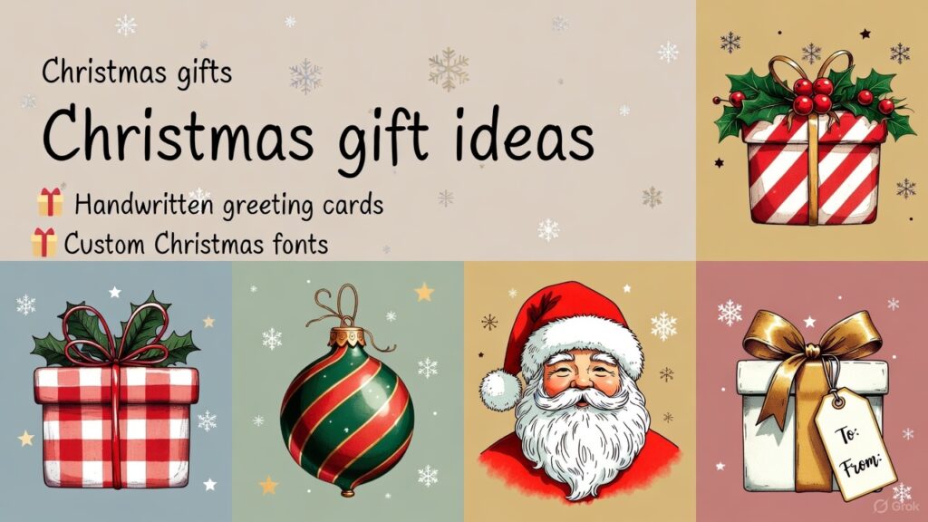 Close-up of realistic AI-generated handwritten Christmas greeting cards created with Refont.ai, surrounded by pine branches and red ornaments – the ultimate personal Christmas gift idea for long-distance loved ones.