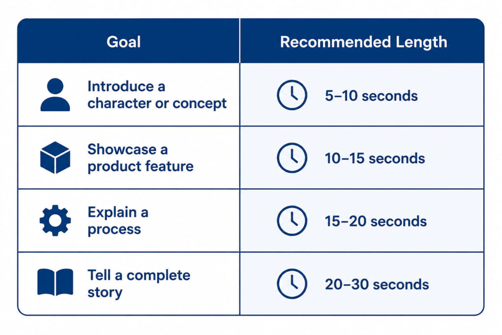 Table showing different video durations