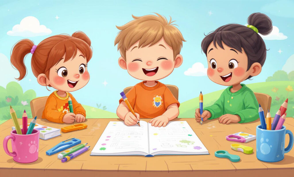 Kids drawing with crayons