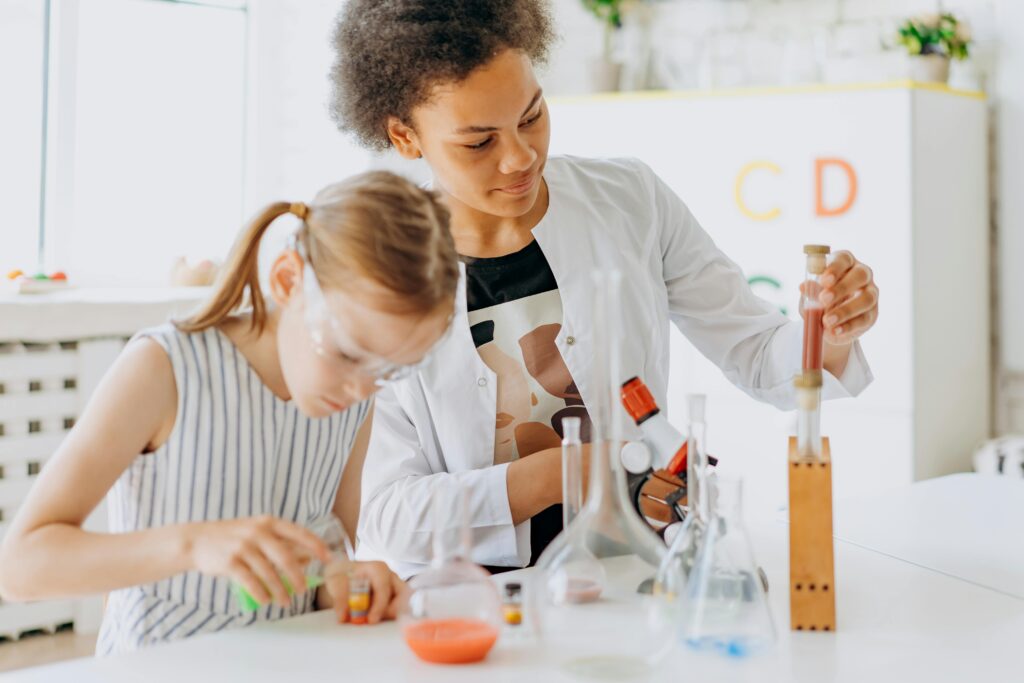 Mother and daughter doing experiments