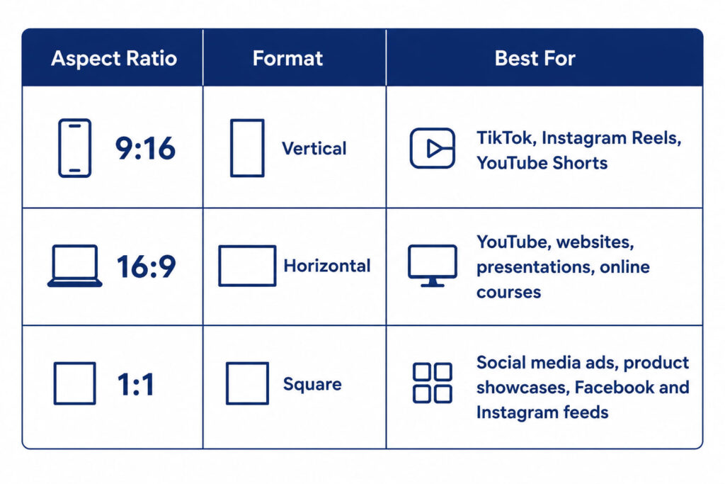 Table showing different video aspect ratio