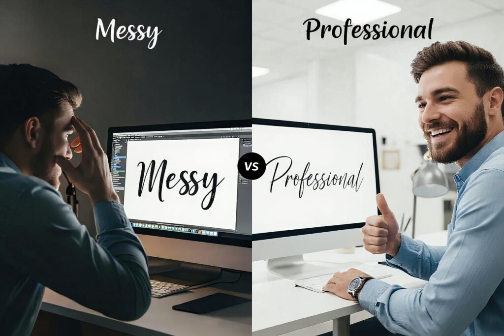 Comparison between a messy script and a professional design created using a calligraphy font generator to improve brand aesthetics.