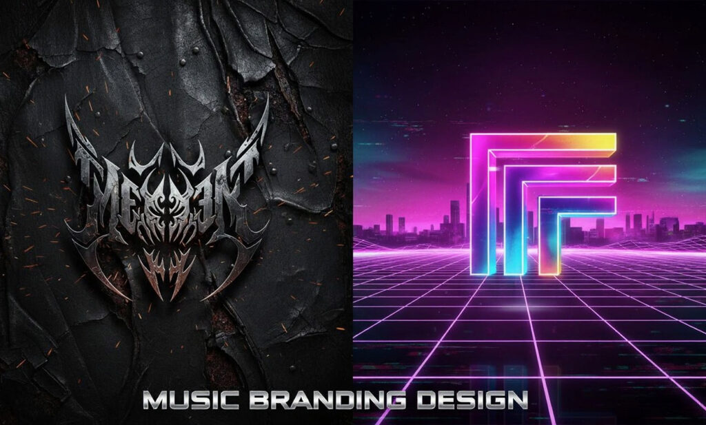 Split-screen comparison of music branding designs: an aggressive spiky metallic metal band logo on the left versus a glowing neon geometric synthwave symbol on the right, illustrating genre-specific visual identities.
