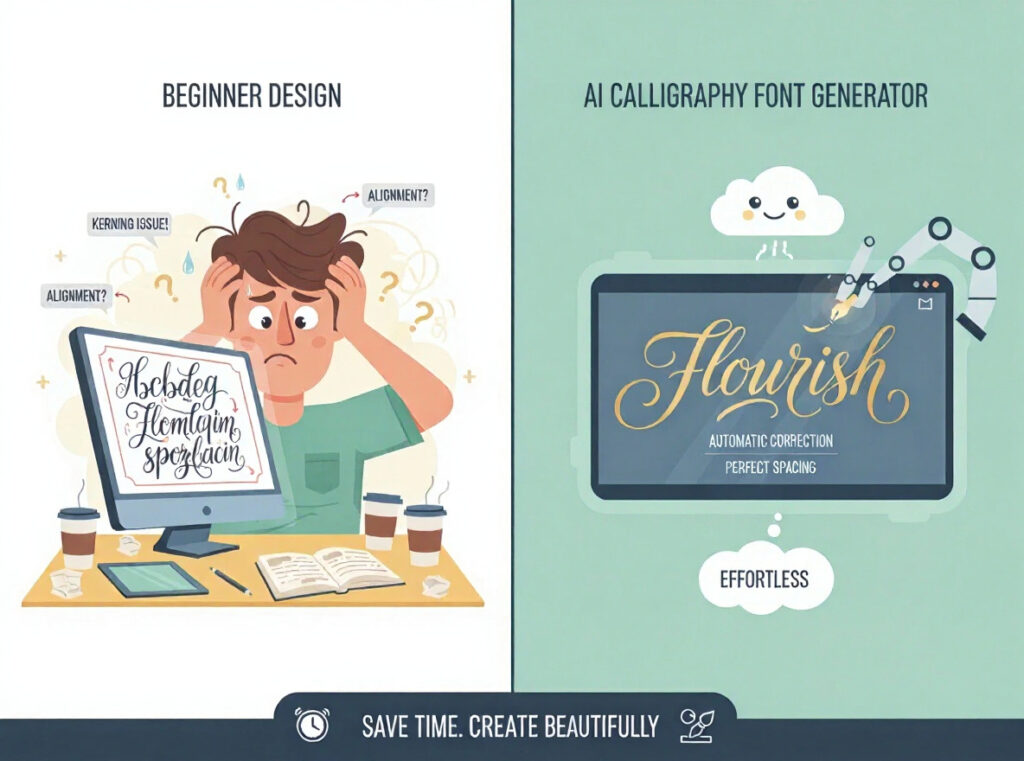 Beginner struggling with calligraphy font spacing issues versus AI calligraphy font generator