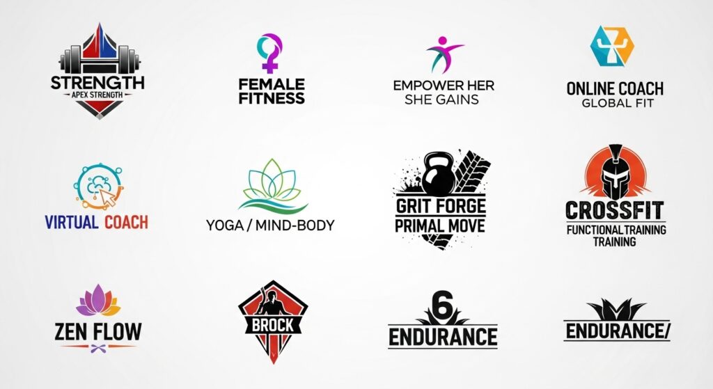 Professional gym logos for personal trainers in different niches showing authority and trust