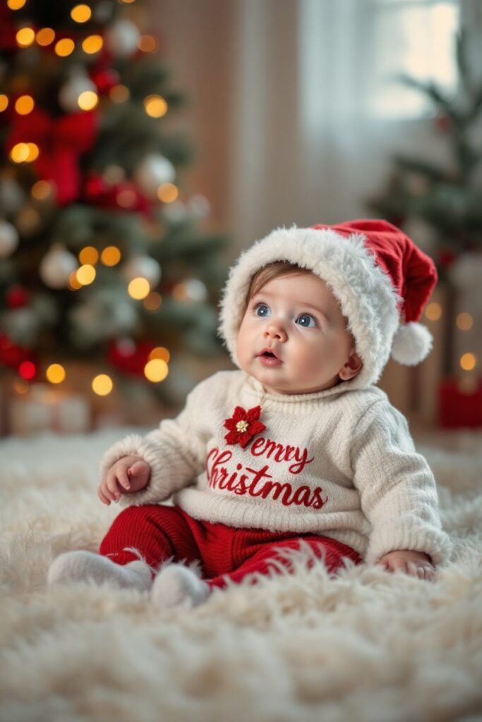 A baby saying merry christmas in her custom Santa video