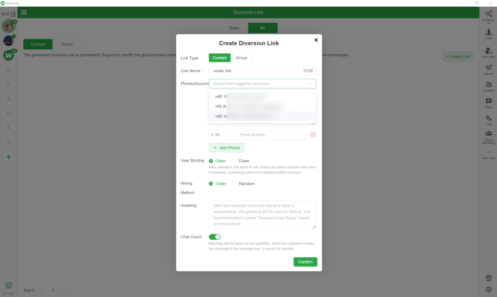 Create WhatsApp router link by WADesk