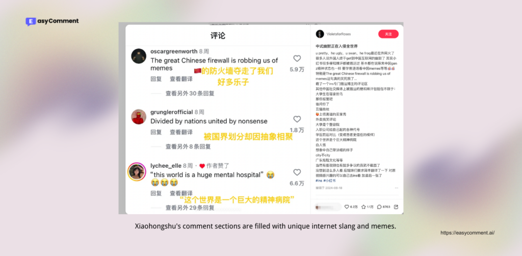 Xiaohongshu's comment sections are filled with unique internet slang and memes. -EasyComment