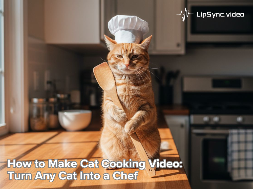 A small chef cat holds a spatula in a bright kitchen.
