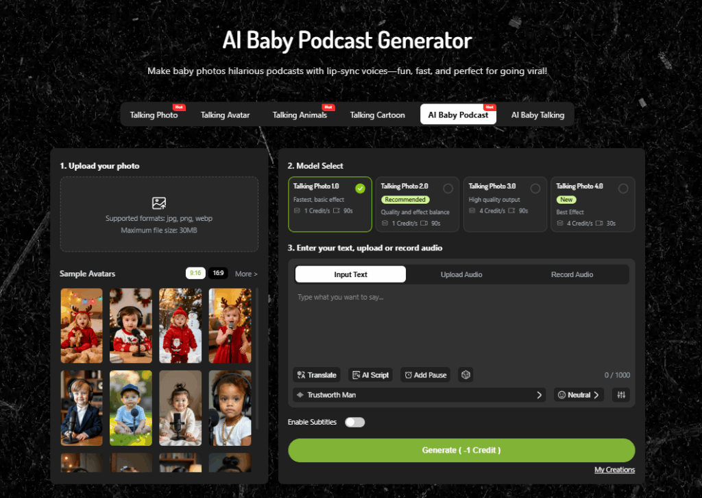 The interface of AI baby podcast  generator 