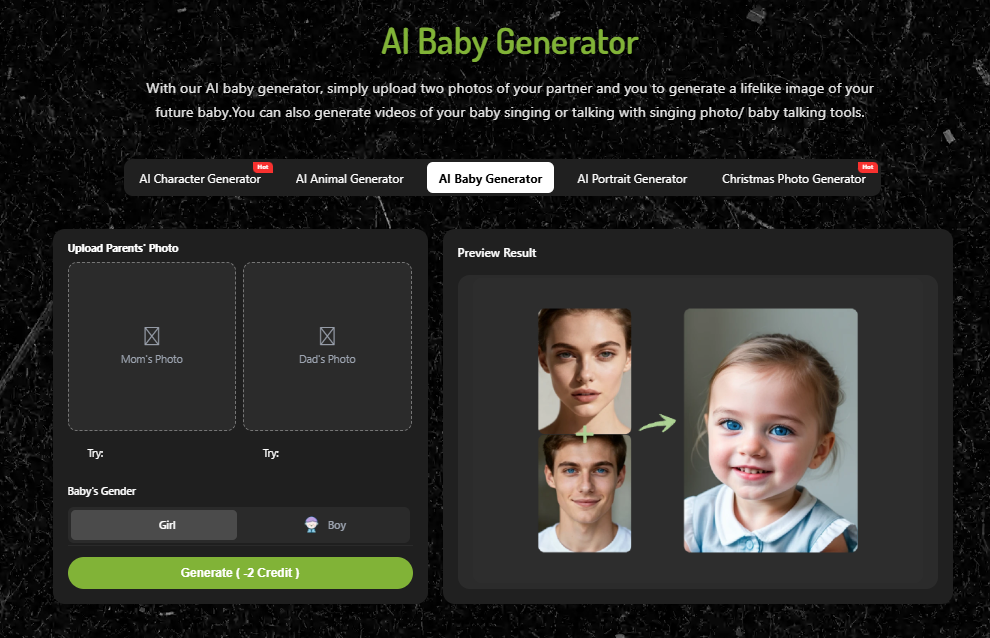 AI baby generator interface for creating realistic baby images