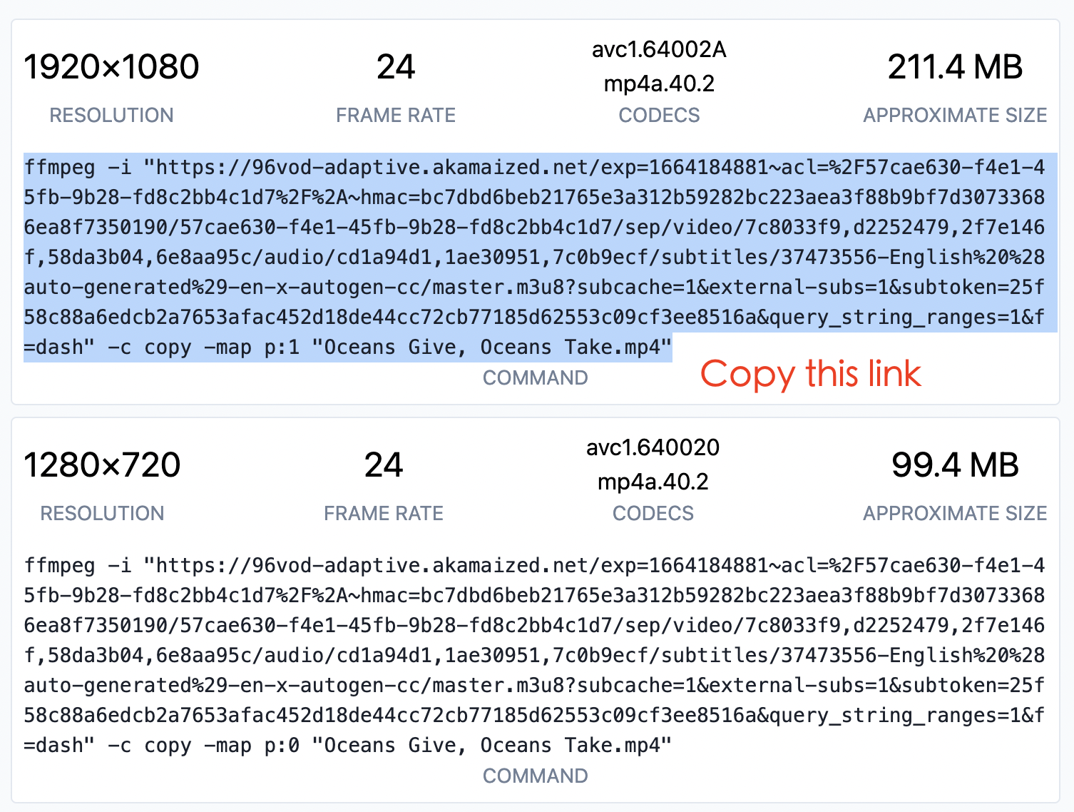 Copy 2K/4K video variant link