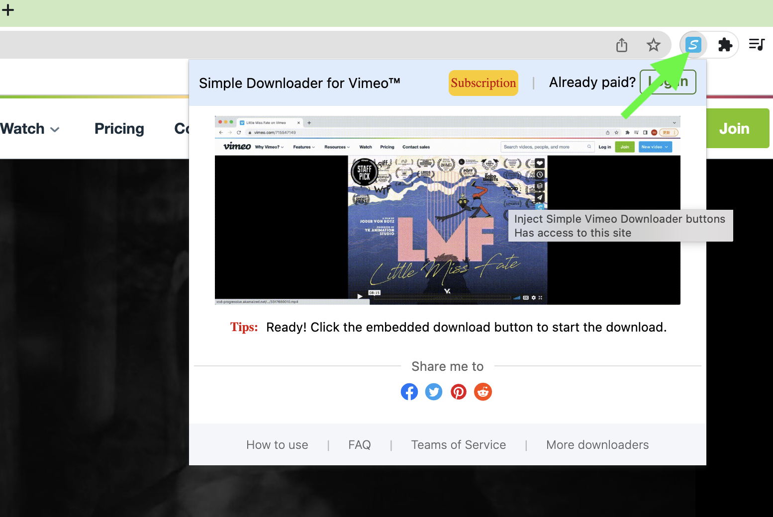Click on the Simple Downloader for Vimeo™ icon in the Chrome toolbar