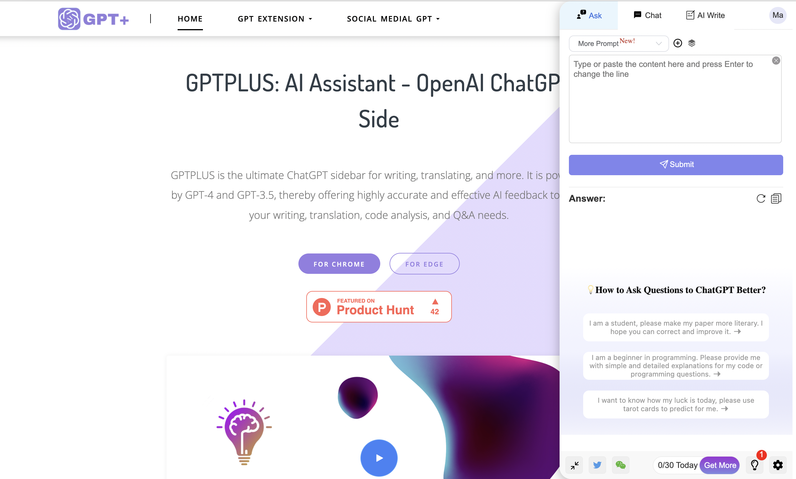 GPTPLUS - AI Assistant: ChatGPT Sidebar for Best Creative Writing