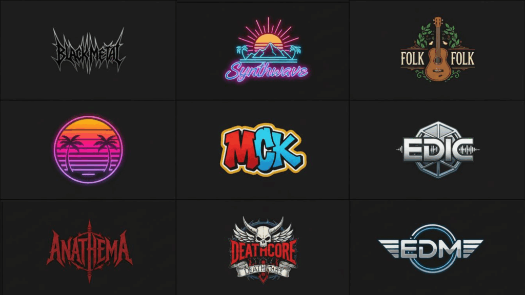  A grid showcase of diverse band logos including metal, synthwave, techno, hip-hop, and folk styles, demonstrating the multi-genre capabilities of our professional logo band generator.