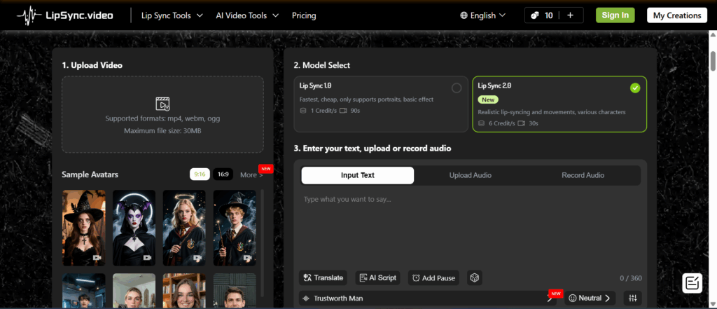 lipsync.video workflow showing steps