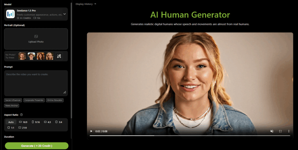 lipsync.video AI human generator interface with lip sync controls