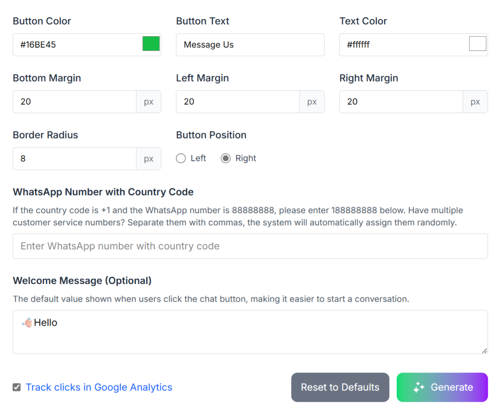 WhatsApp Widget Creation Page Display