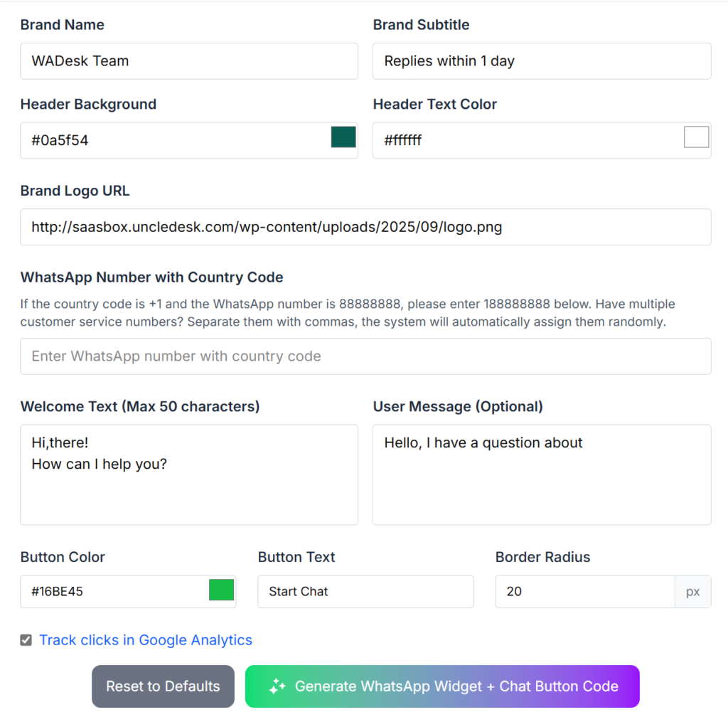 WhatsApp Widget Creation Page Display