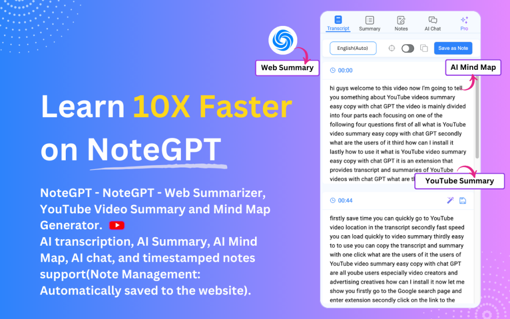 NoteGPT is an ai tool to summarize youtube video.-NoteGPT