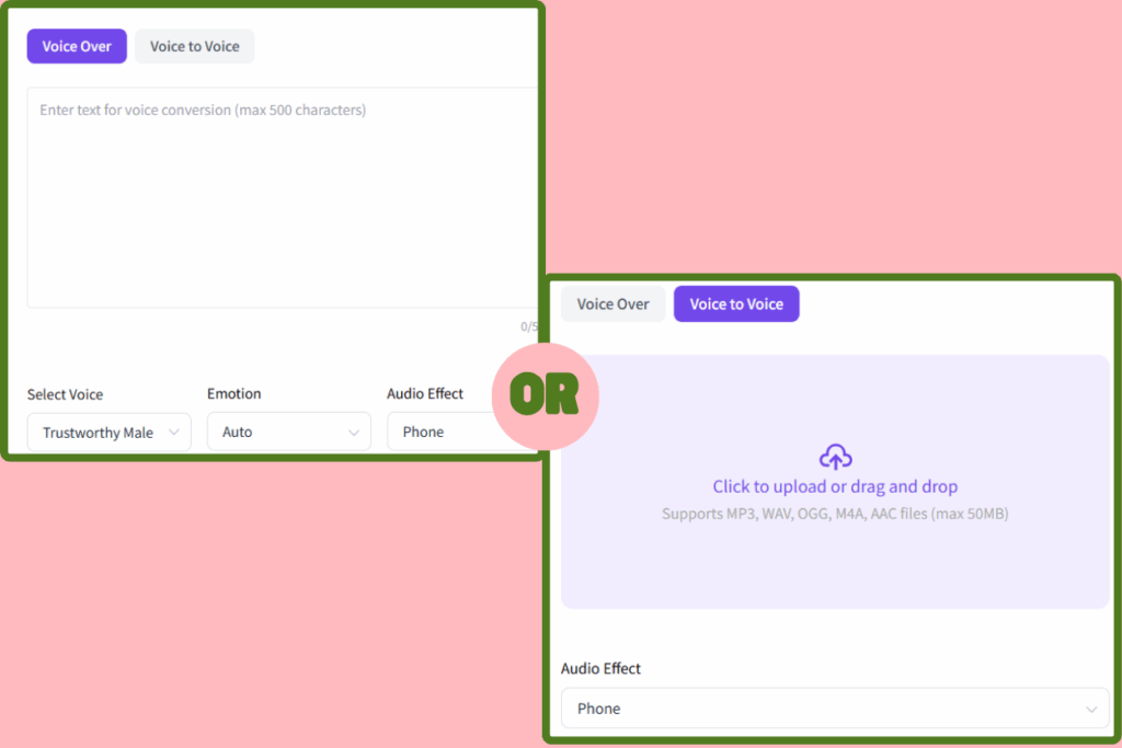 The interface of upload your text or audio.