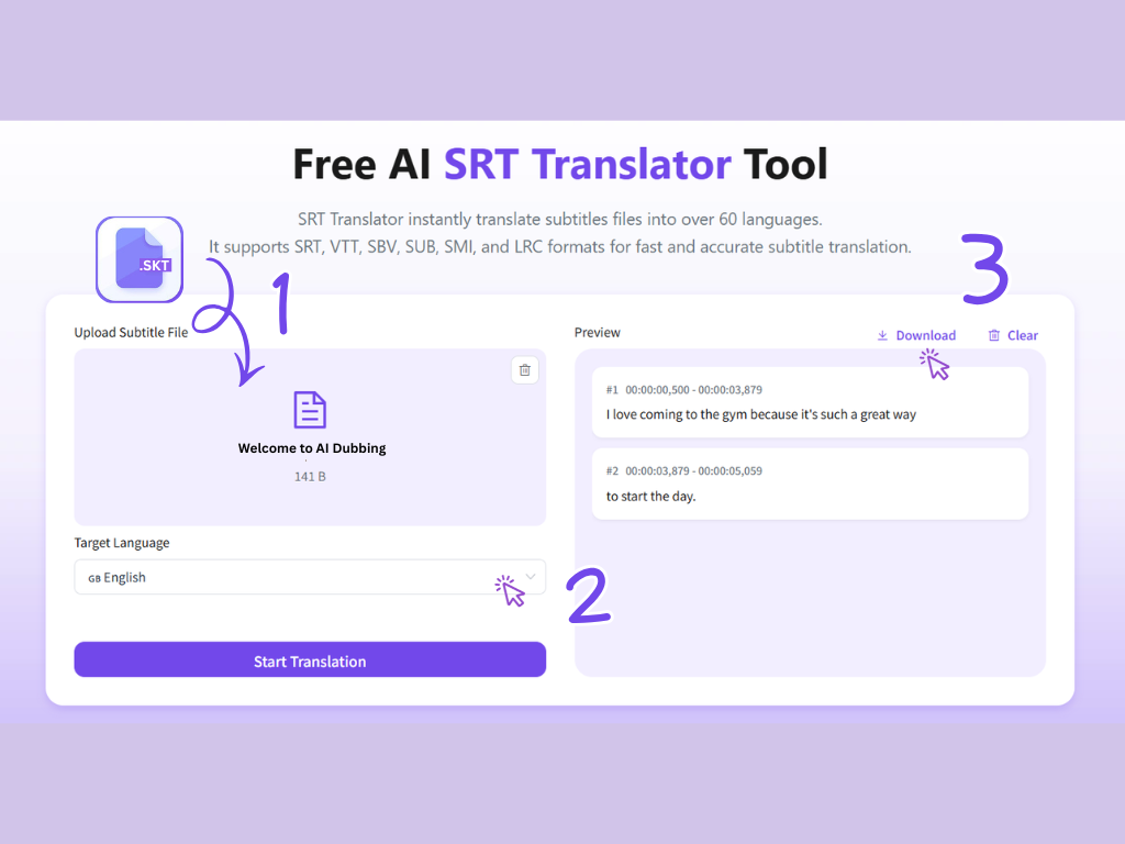 Step by step process of translating an existing subtitle file into multiple languages.