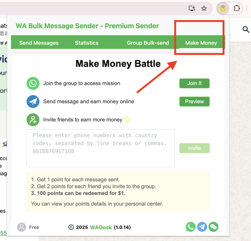 step 2 of make money from WhatsApp: click the Make Money