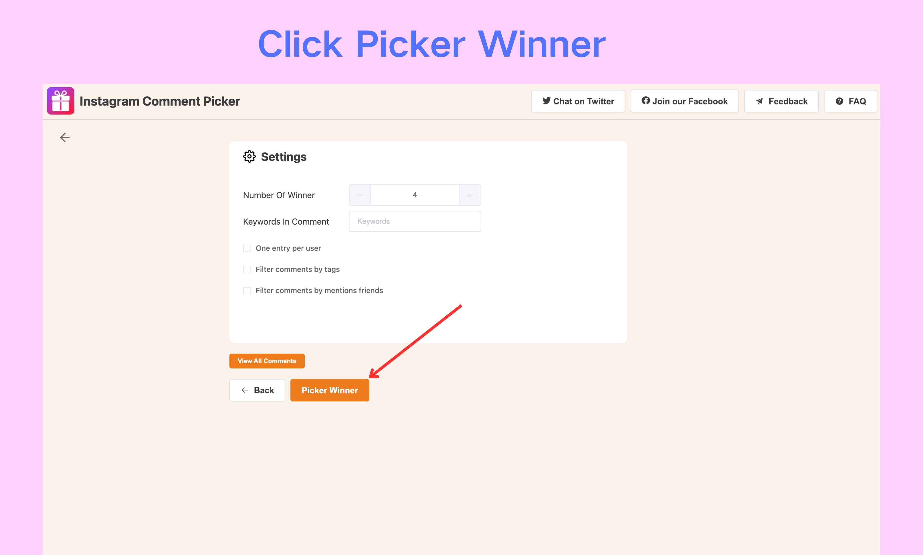 Step 4: Set up your draw configuration And Click "Picker Winner"  button to start the draw