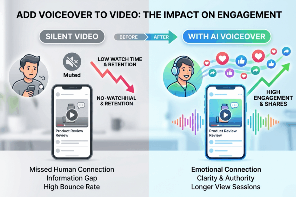 Comparison showing media engagement growth with and without video voiceover.