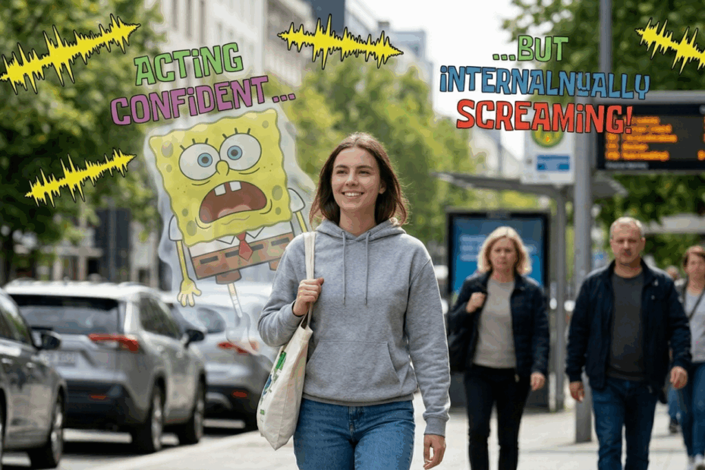 Confident woman is walking while her inner monologue screams internally.