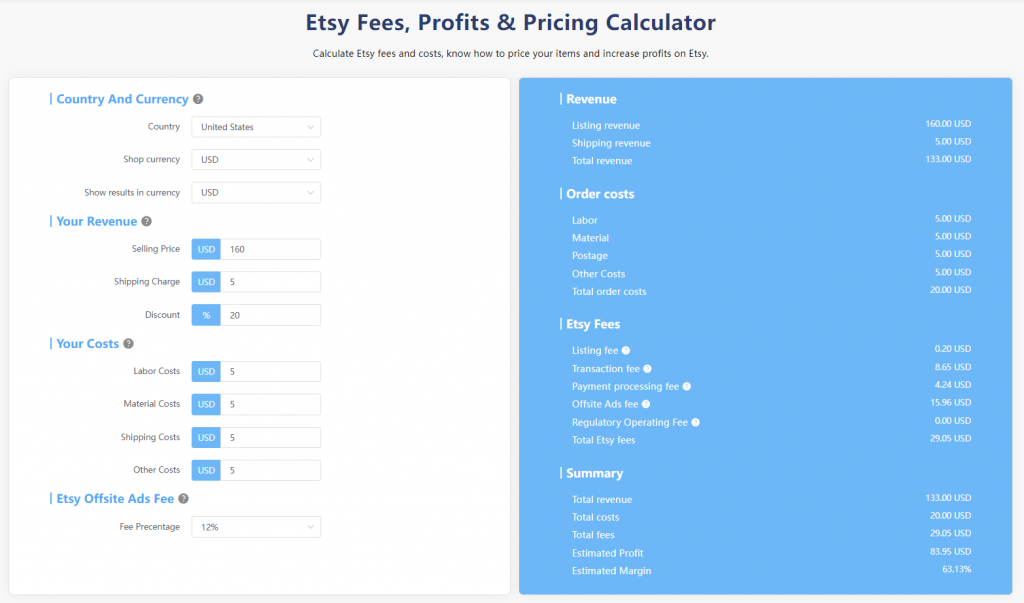 Etsy Calculation Tool