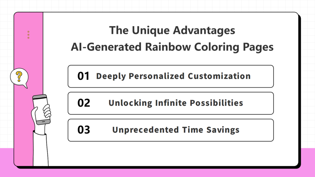 A picture that summarizes the unique advantages of AI-generated rainbow coloring pages
