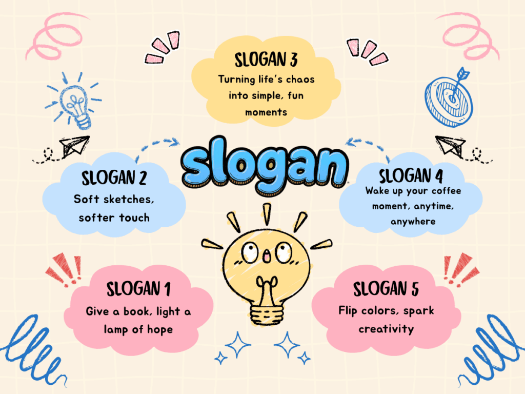 A colorful illustration showing five different slogans in speech bubbles