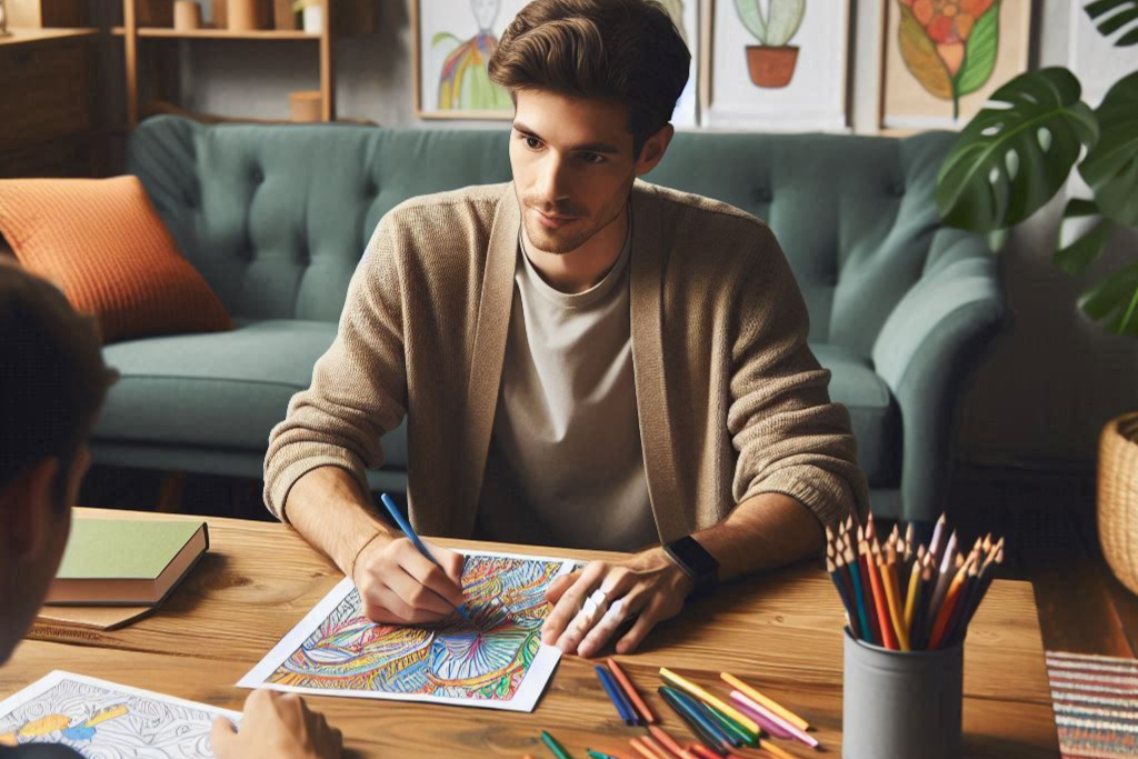 Two people treat psychological anxiety through Flash coloring pages.