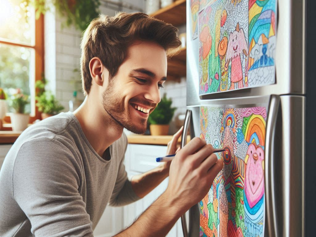 A youth puts coloring pages on the refrigerator