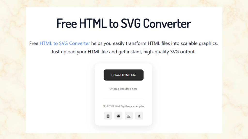 Free HTML to SVG Converter helps you easily transform HTML files into scalable graphics.
Just upload your HTML file and get instant, high-quality SVG output.