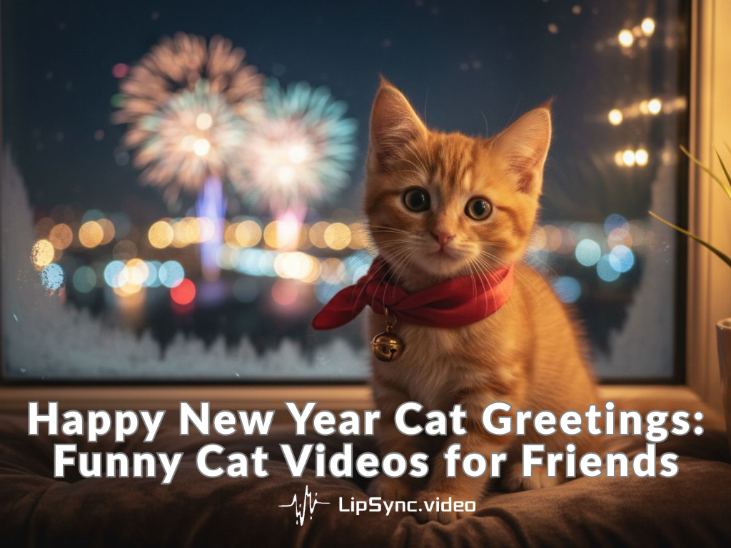 A cute happy new year cat in a festive indoor scene.