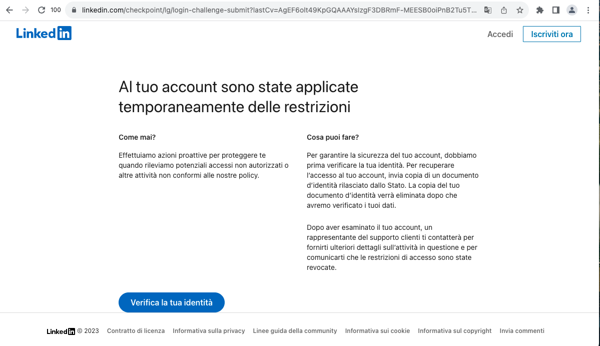 Al tuo account sono state applicate temporaneamente delle restrizioni