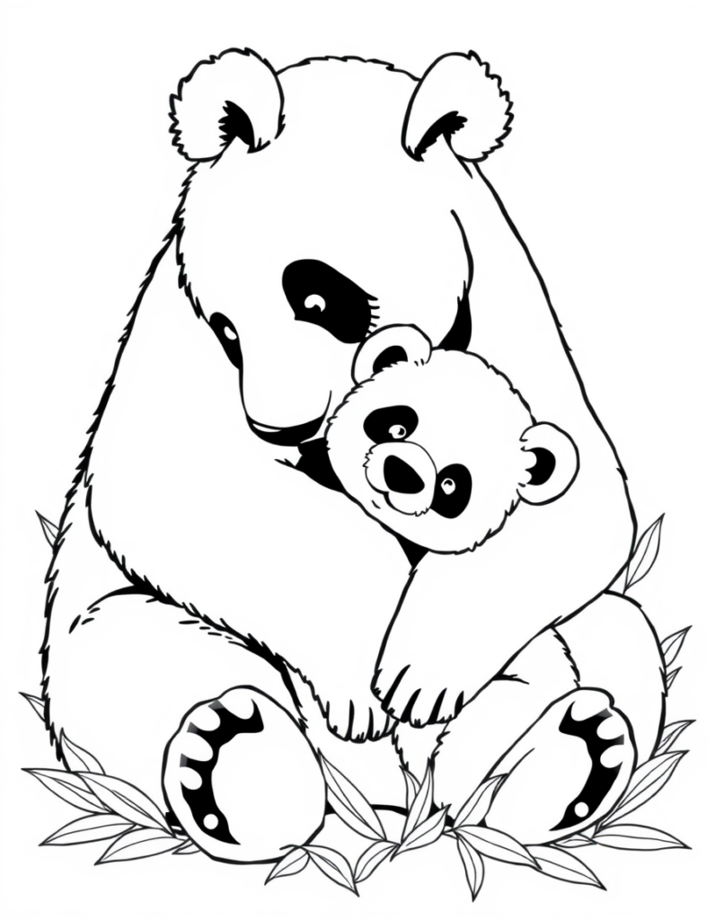 A Mother's Day themed coloring page depicting a heartwarming scene of a giant panda mother gently hugging her cub, surrounded by bamboo leaves. Perfect for children to color and express their love for their mothers.