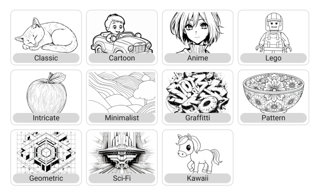 11 styles available for coloring pages