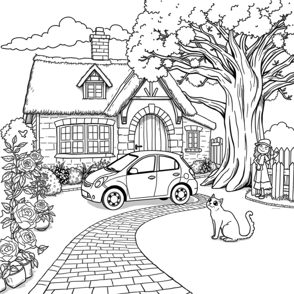 A sedan is parked at the entrance of a house