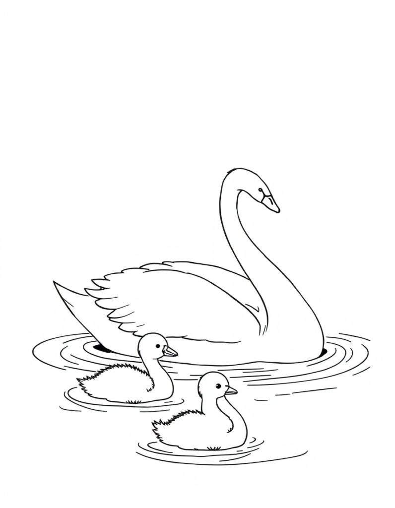 With Mother's Day approaching, here's a heartwarming coloring page featuring three swans swimming in water – one adult swan tenderly guiding two fluffy cygnets, perfect for children to celebrate maternal love.