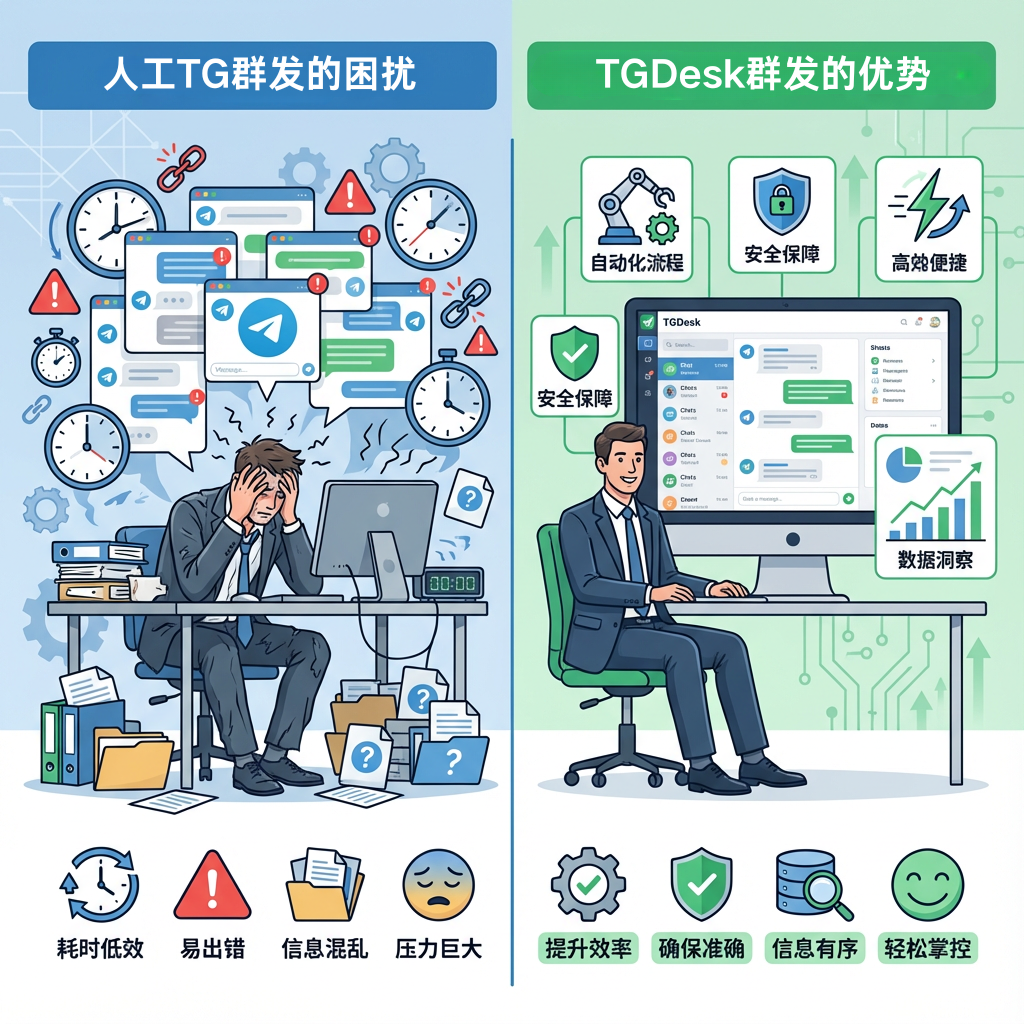 人工TG群发和TGDESK群发的对比